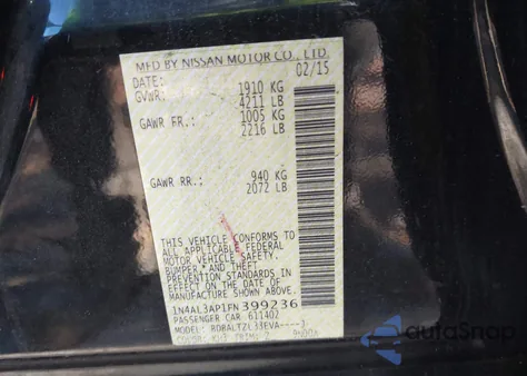 2015 Nissan Altima 2.5 Sl from USA, damaged, VIN 1N4AL3AP1FN399236